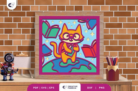 Cat Back to School 3D Shadow Box SVG