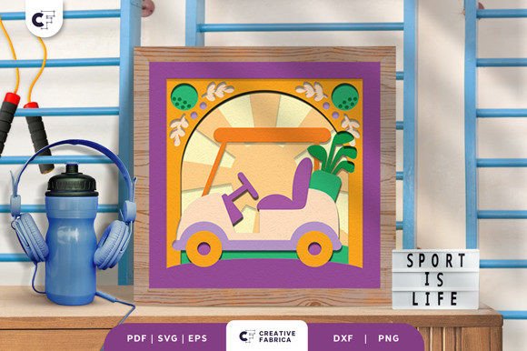 Golf Cart and Sticks 3D Paper Cut SVG
