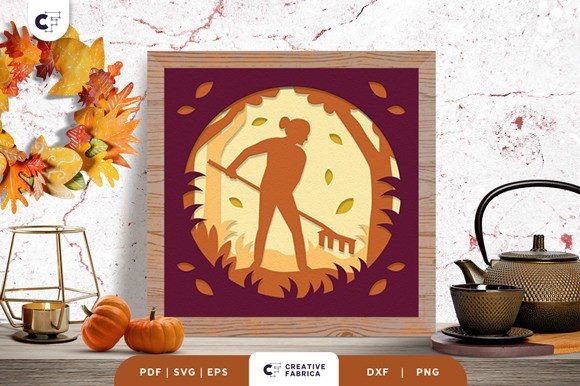 Raking Fall Leaves 3D Shadow Box SVG